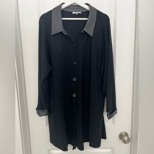 Sioni Black Cardigan with faux Black leather collar and cuffs